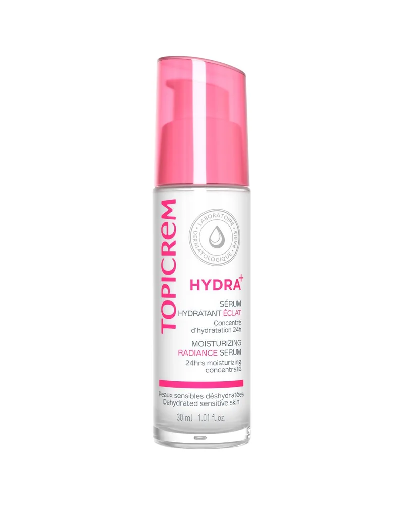 Frasco con dosificador de Hydra+ Sérum Hidratante Iluminador sobre fondo blanco