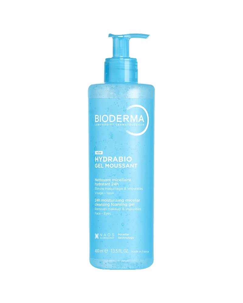 Envase de Hydrabio Gel Moussant sobre fondo blanco