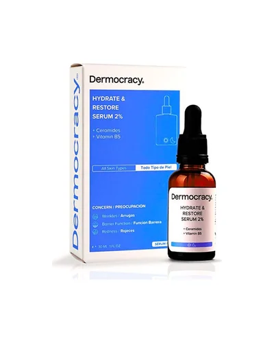 Frasco con cuentagotas de Hydrate & Restore Serum 2% junto a su caja sobre fondo blanco