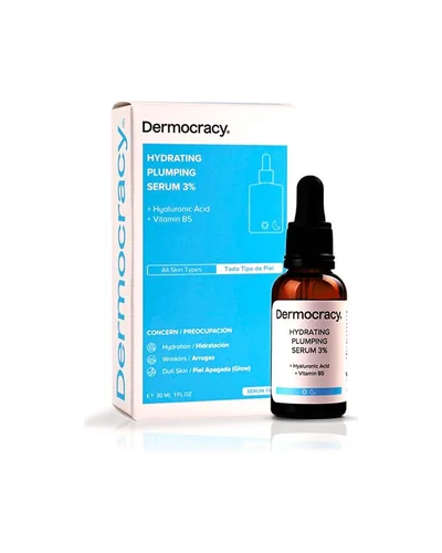 Frasco con cuentagotas de Hydrating Plumping Serum 3% junto a su caja sobre fondo blanco