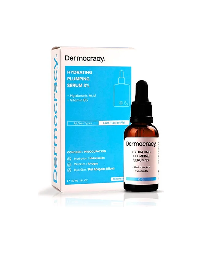 Frasco con cuentagotas de Hydrating Plumping Serum 3% junto a su caja sobre fondo blanco