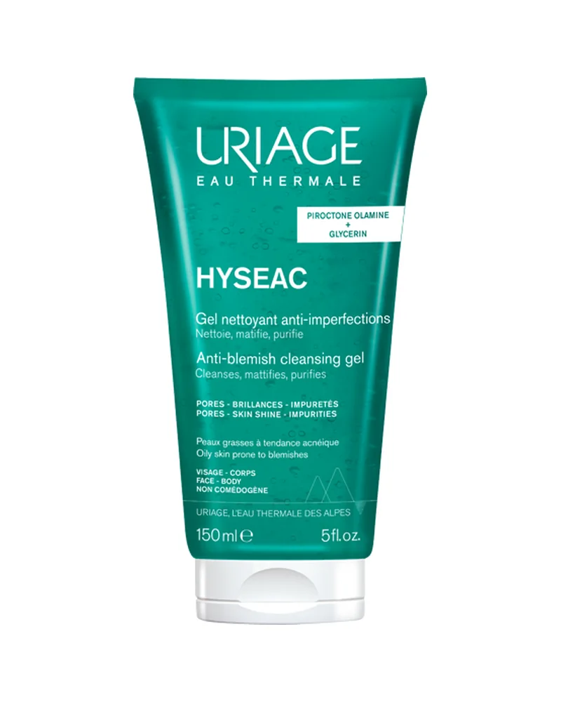 Envase de Hyséac Gel Limpiador de Uriage sobre fondo blanco