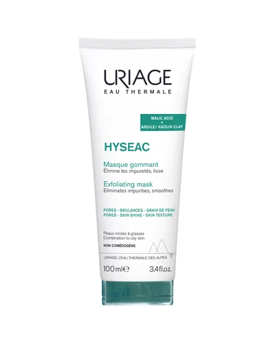 Envase de Hyséac Mascarilla Exfoliante de Uriage sobre fondo blanco