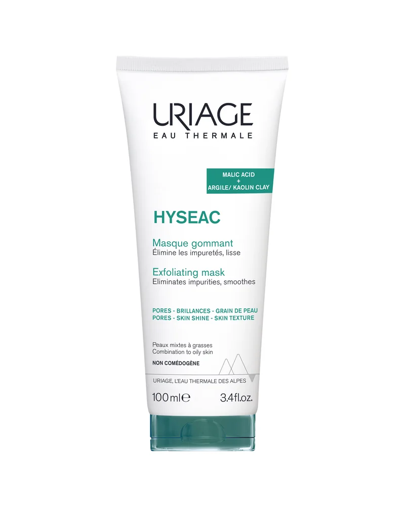 Envase de Hyséac Mascarilla Exfoliante de Uriage sobre fondo blanco