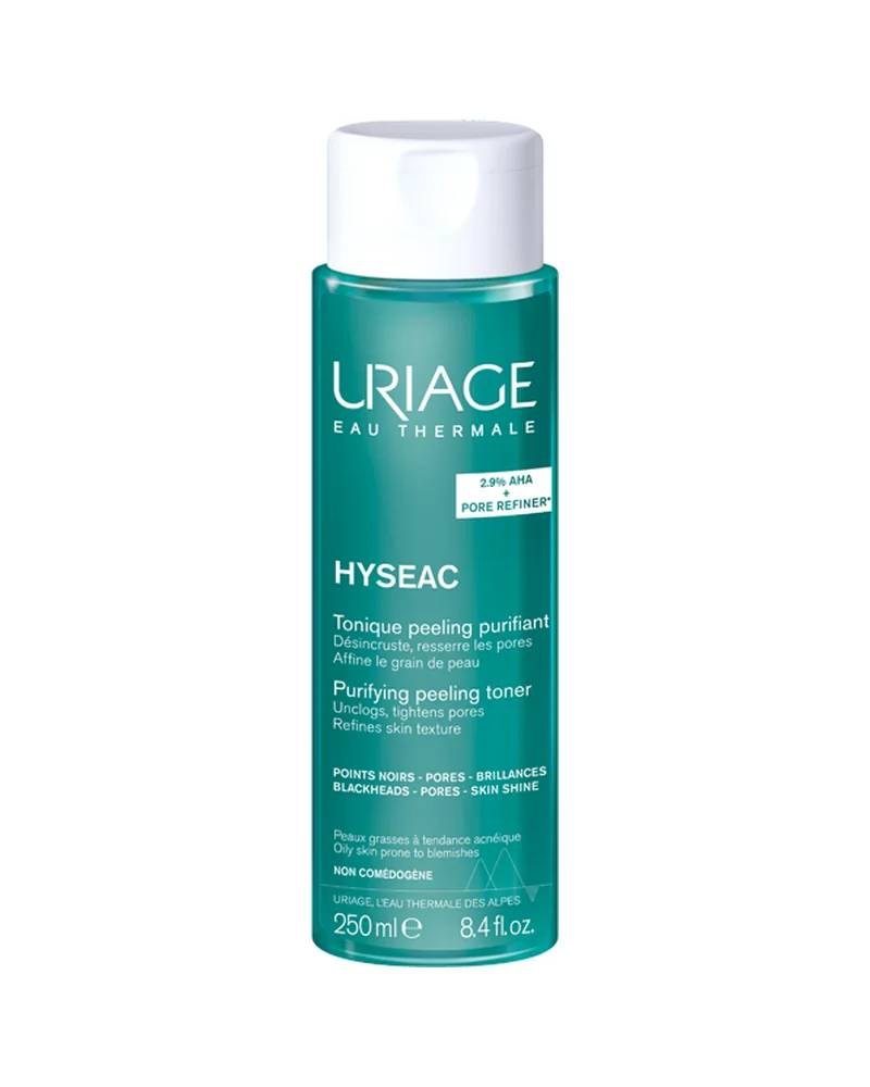 Envase de Hyséac Tónico Purificante de Uriage sobre fondo blanco