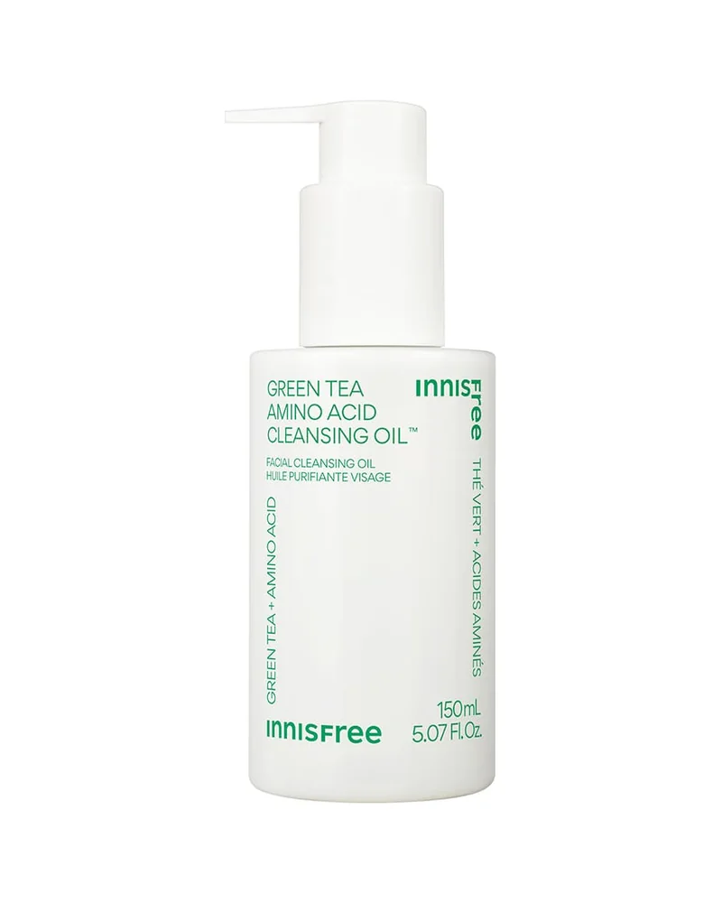 Frasco con dosificador de Green Tea Amino Acid Cleansing Oil sobre fondo blanco