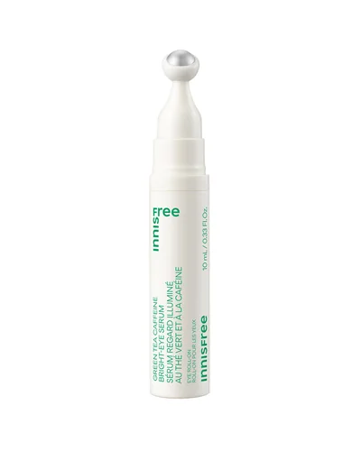 Tubo con aplicador de bola de Green Tea Caffeine Bright-Eye Serum sobre fondo blanco