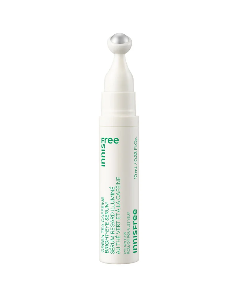 Tubo con aplicador de bola de Green Tea Caffeine Bright-Eye Serum sobre fondo blanco
