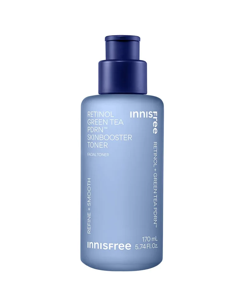 Frasco con dosificador de Retinol Green Tea PDRN Skinbooster Toner sobre fondo blanco