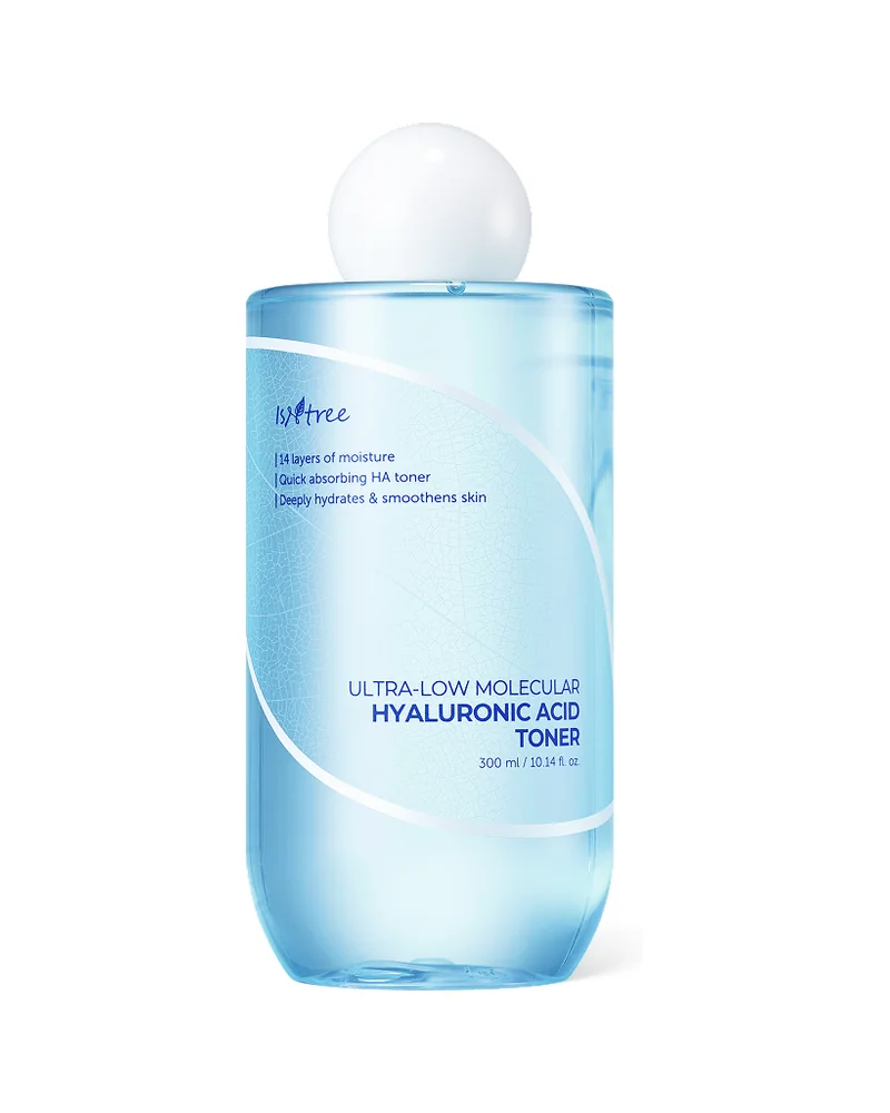 Frasco de Ultra-Low Molecular Hyaluronic Acid Toner sobre fondo blanco