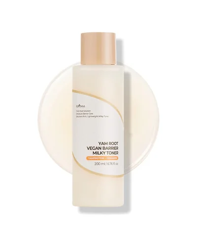 Frasco de Yam Root Vegan Barrier Milk Toner sobre fondo blanco