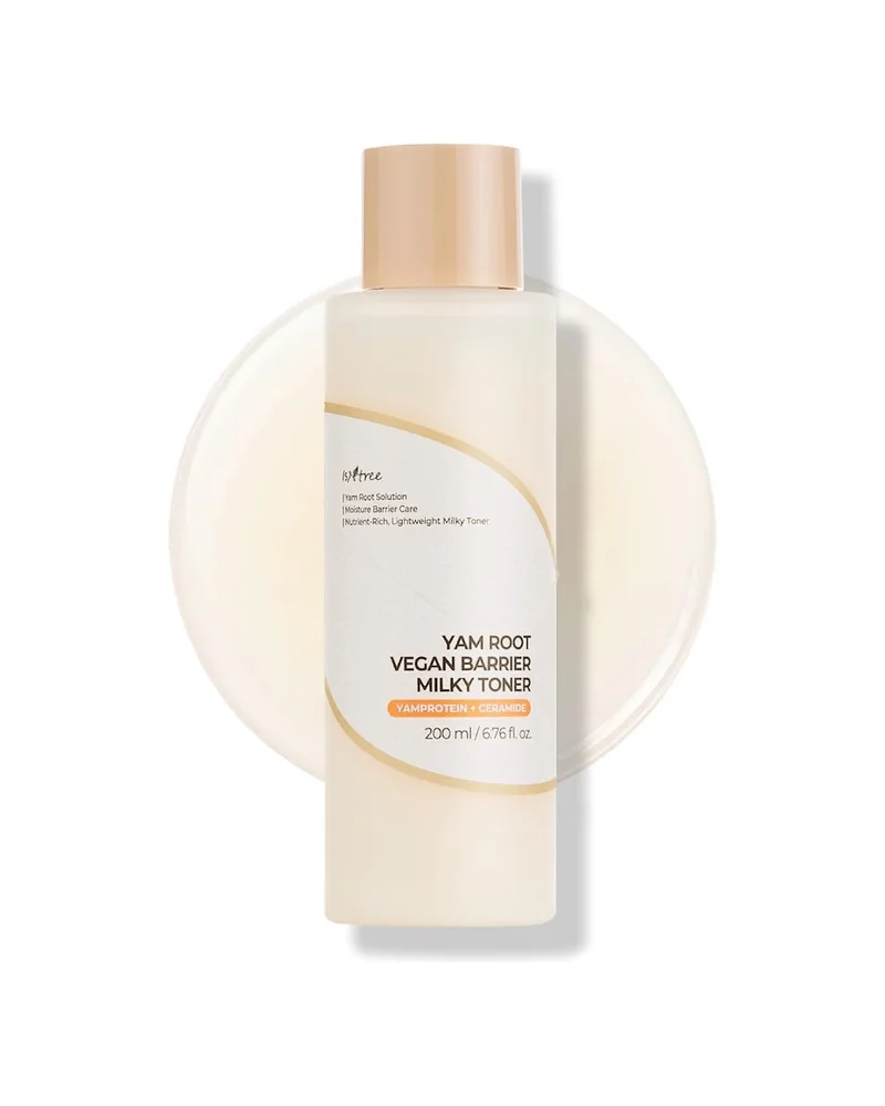 Frasco de Yam Root Vegan Barrier Milk Toner sobre fondo blanco