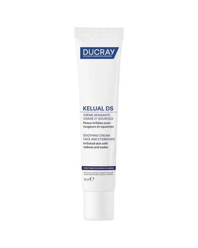 Envase de Kelual DS Crema calmante sobre fondo blanco