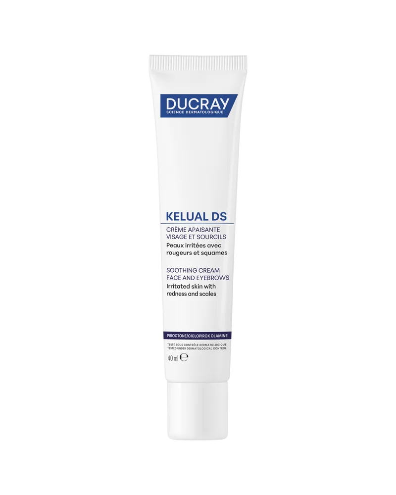 Envase de Kelual DS Crema calmante sobre fondo blanco