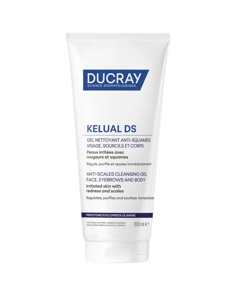 Envase de Kelual DS Gel limpiador antiescamas sobre fondo blanco