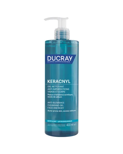Envase de Keracnyl Gel limpiador sobre fondo blanco