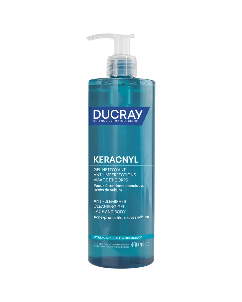 Envase de Keracnyl Gel limpiador sobre fondo blanco