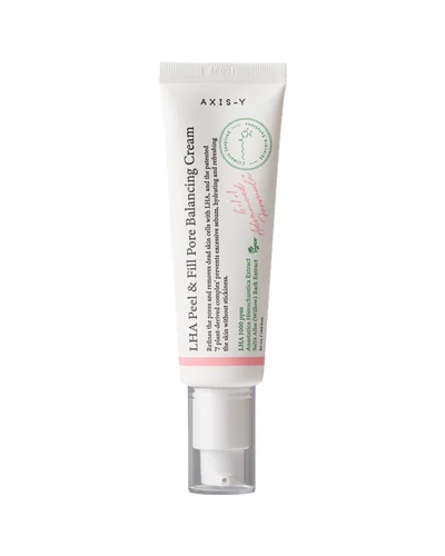 Tubo con dosificador de LHA Peel & Fill Pore Balancing Cream sobre fondo blanco