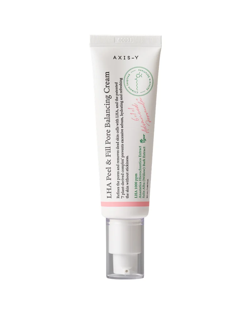 Tubo con dosificador de LHA Peel & Fill Pore Balancing Cream sobre fondo blanco