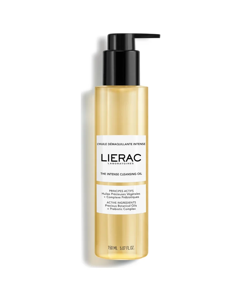 Frasco con dosificador de El Aceite Limpiador Intenso de Lierac sobre fondo blanco