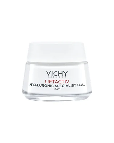 Envase de Liftactiv Hyaluronic Specialist H.A. Crema de Día Piel Seca sobre fondo blanco