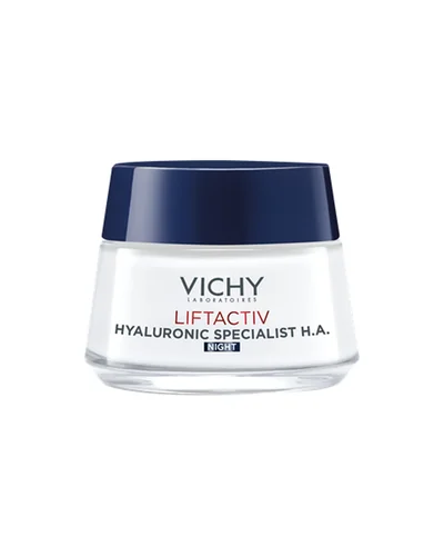 Envase de Liftactiv Hyaluronic Specialist H.A. Crema de Noche sobre fondo blanco