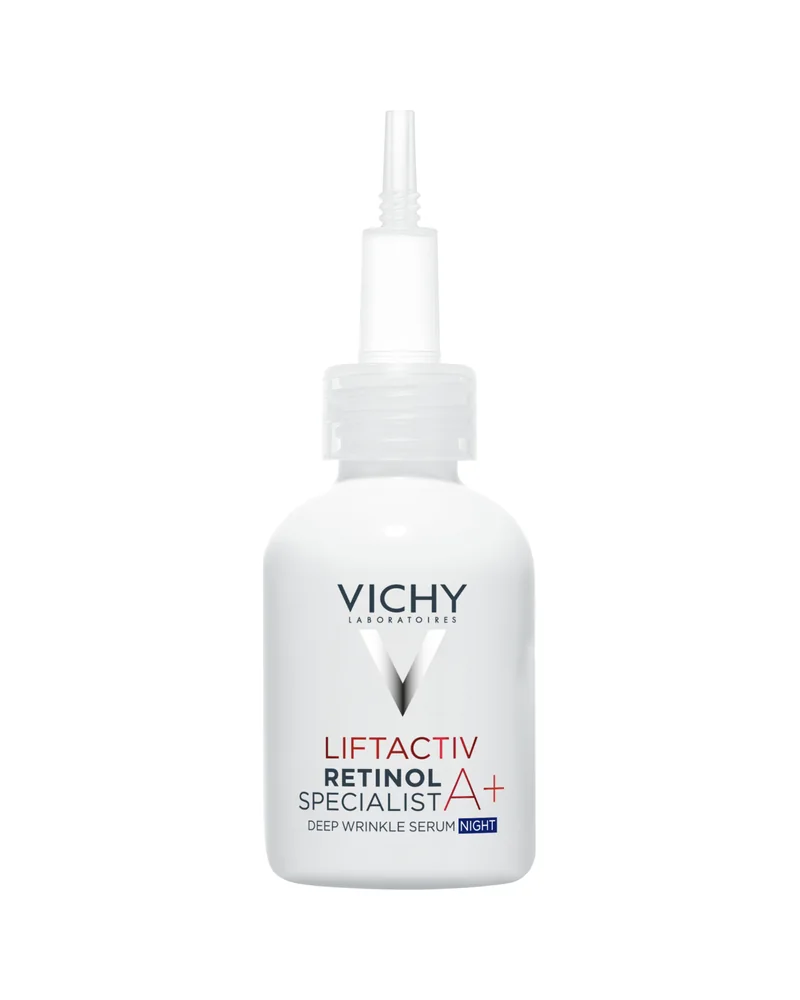 Envase de Liftactiv Retinol Specialist A+ Sérum sobre fondo blanco