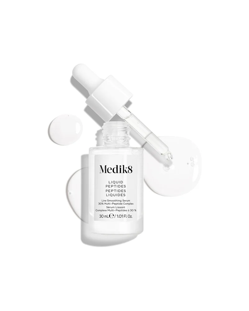 Envase de Liquid Peptides sobre fondo blanco, con una muestra de la textura al lado