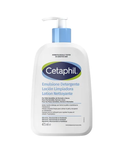 Envase con dosificador de Cetaphil Loción Limpiadora sobre fondo blanco