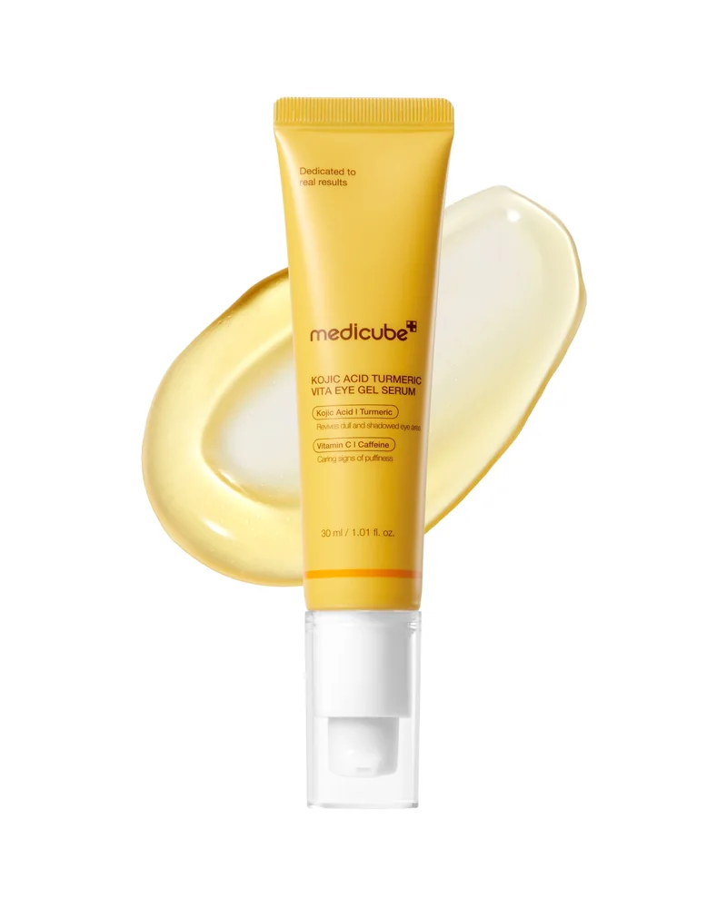 Tubo de Kojic Acid Turmeric Eye Gel Serum sobre fondo blanco
