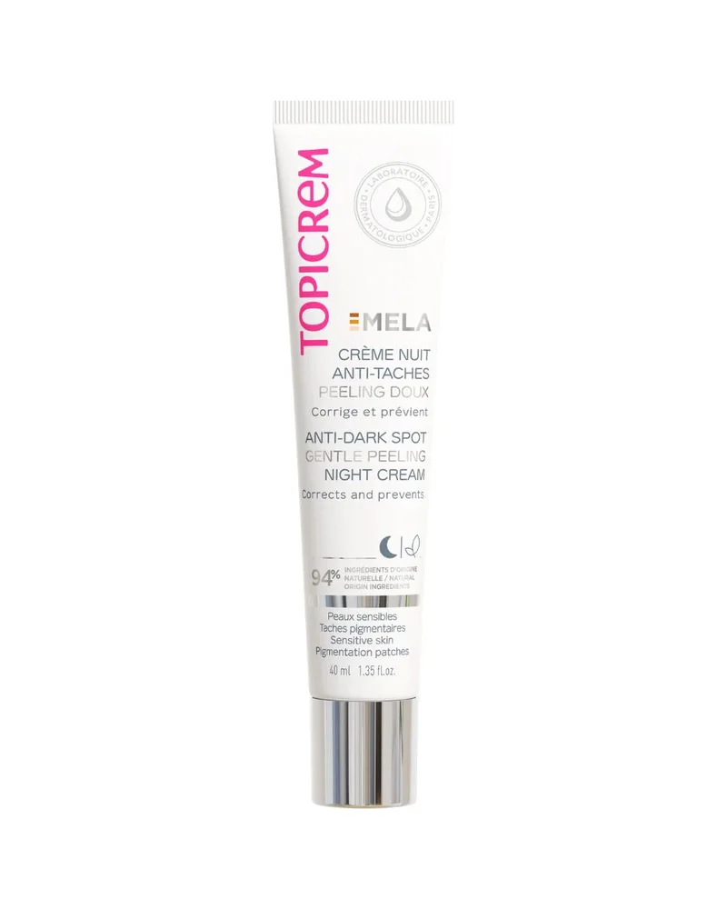 Tubo de Mela Crema de Noche Peeling Antimanchas sobre fondo blanco