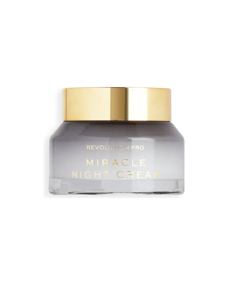 Tarro gris de Pro Miracle Night Cream con tapa dorada sobre fondo blanco
