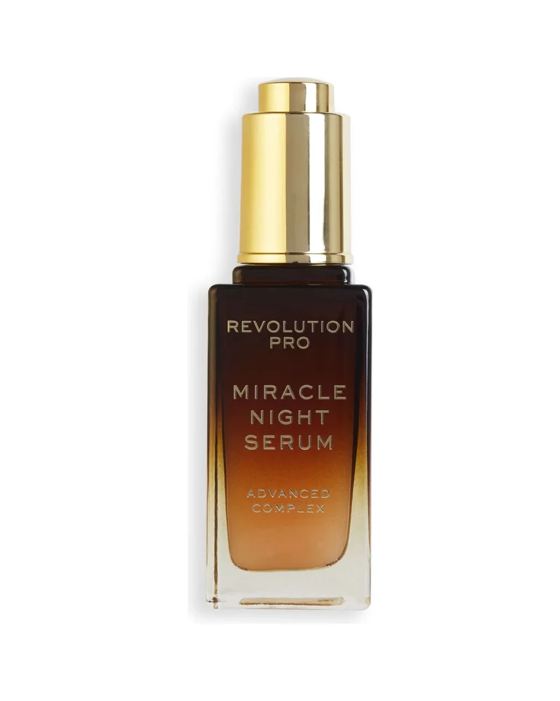 Frasco ámbar de Pro Miracle Night Serum con dosificador dorado sobre fondo blanco