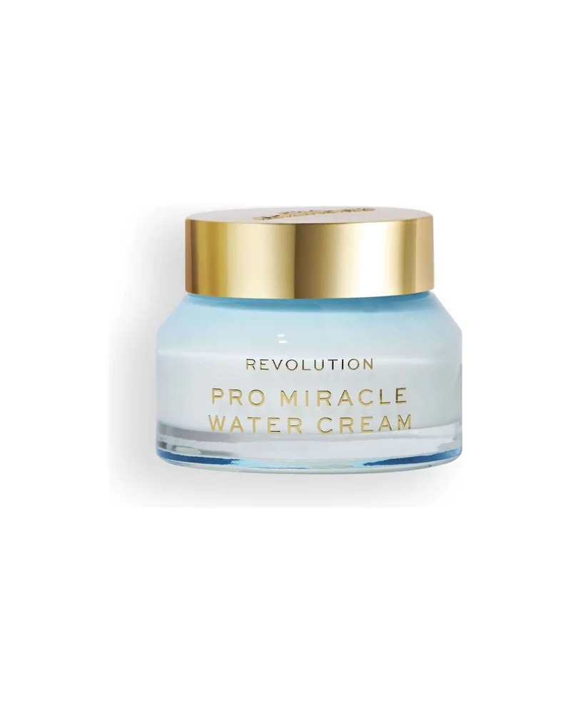 Tarro azul claro de Pro Miracle Water Cream con tapa dorada sobre fondo blanco