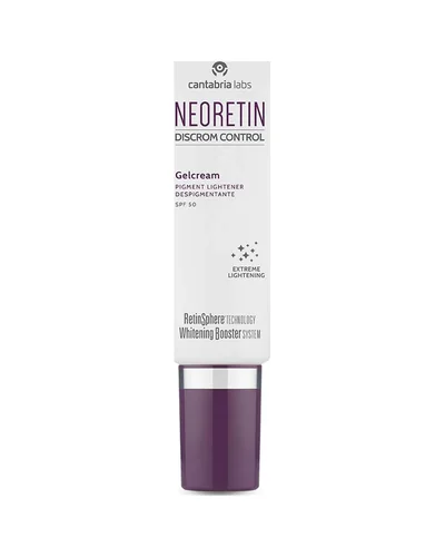 Envase de Neoretin Discrom Control Gelcream SPF 50 sobre fondo blanco