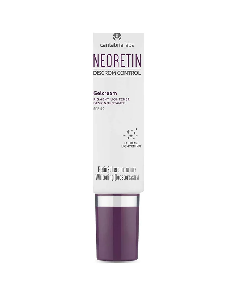 Envase de Neoretin Discrom Control Gelcream SPF 50 sobre fondo blanco