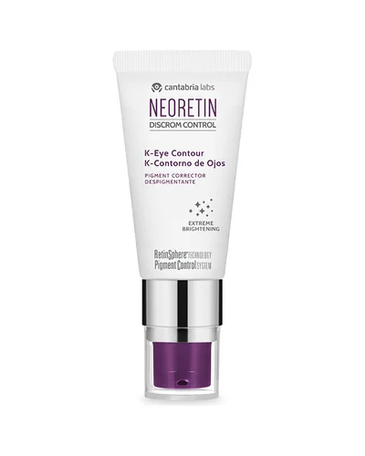Envase de Neoretin Discrom Control K-Contorno de Ojos sobre fondo blanco