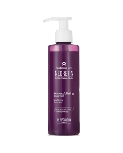 Envase de Neoretin Discrom Control Limpiador Microexfoliante sobre fondo blanco