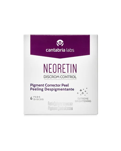 Caja de Neoretin Discrom Control Peeling Despigmentante sobre fondo blanco