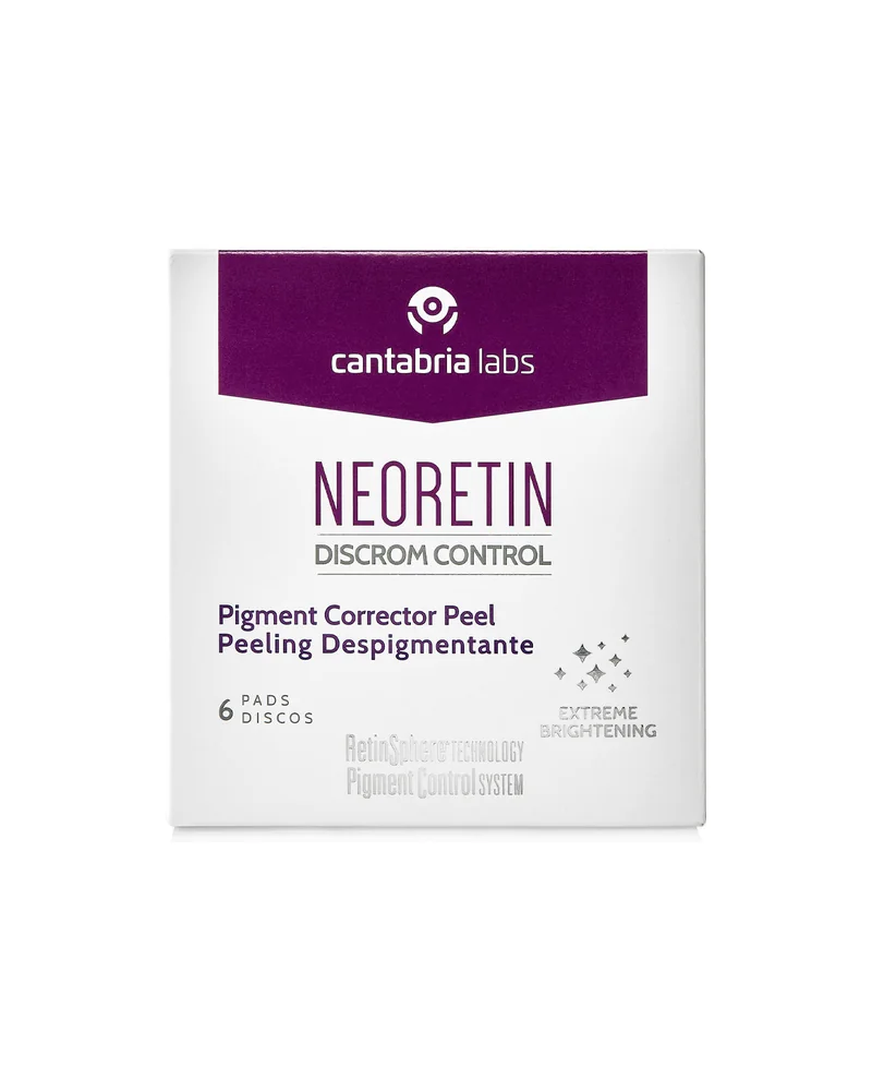 Caja de Neoretin Discrom Control Peeling Despigmentante sobre fondo blanco