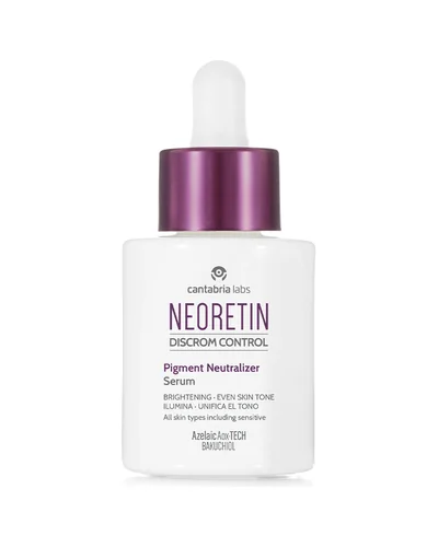 Envase de Neoretin Discrom Control Pigment Neutralizer Sérum sobre fondo blanco