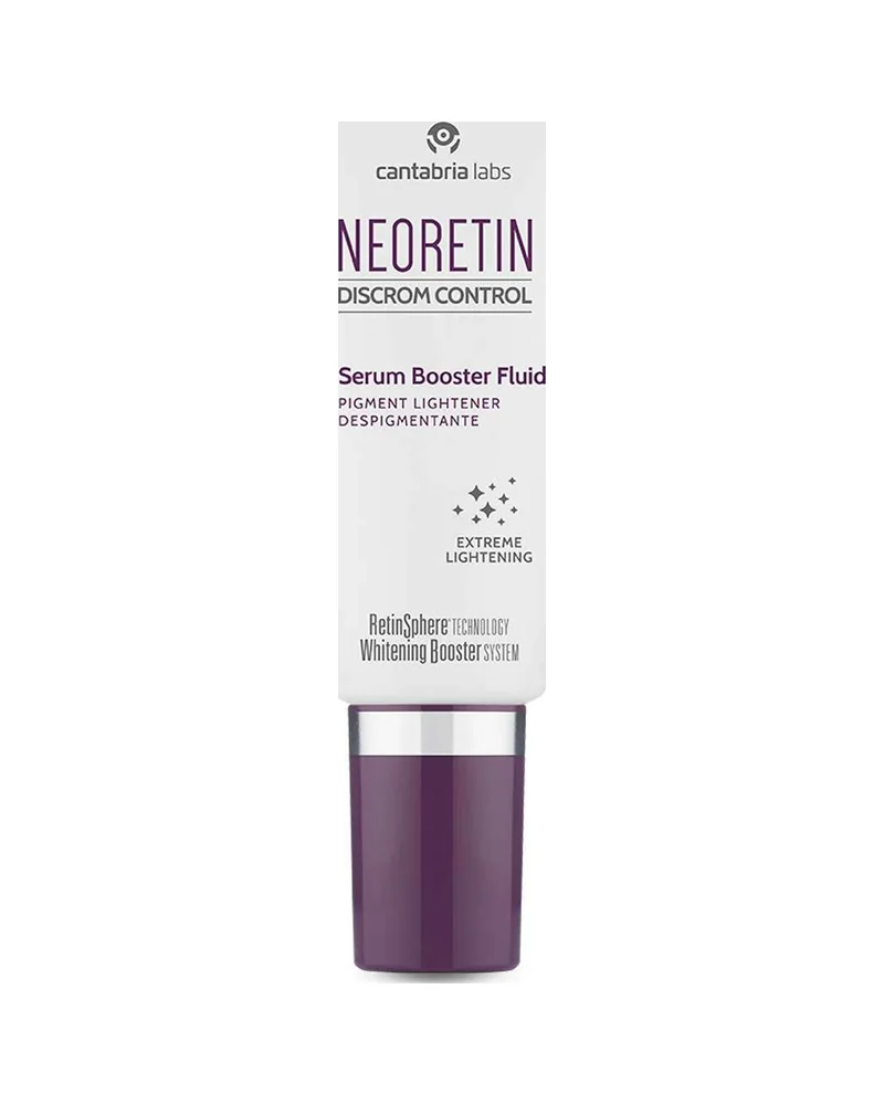 Envase de Neoretin Discrom Control Sérum Booster Fluid sobre fondo blanco