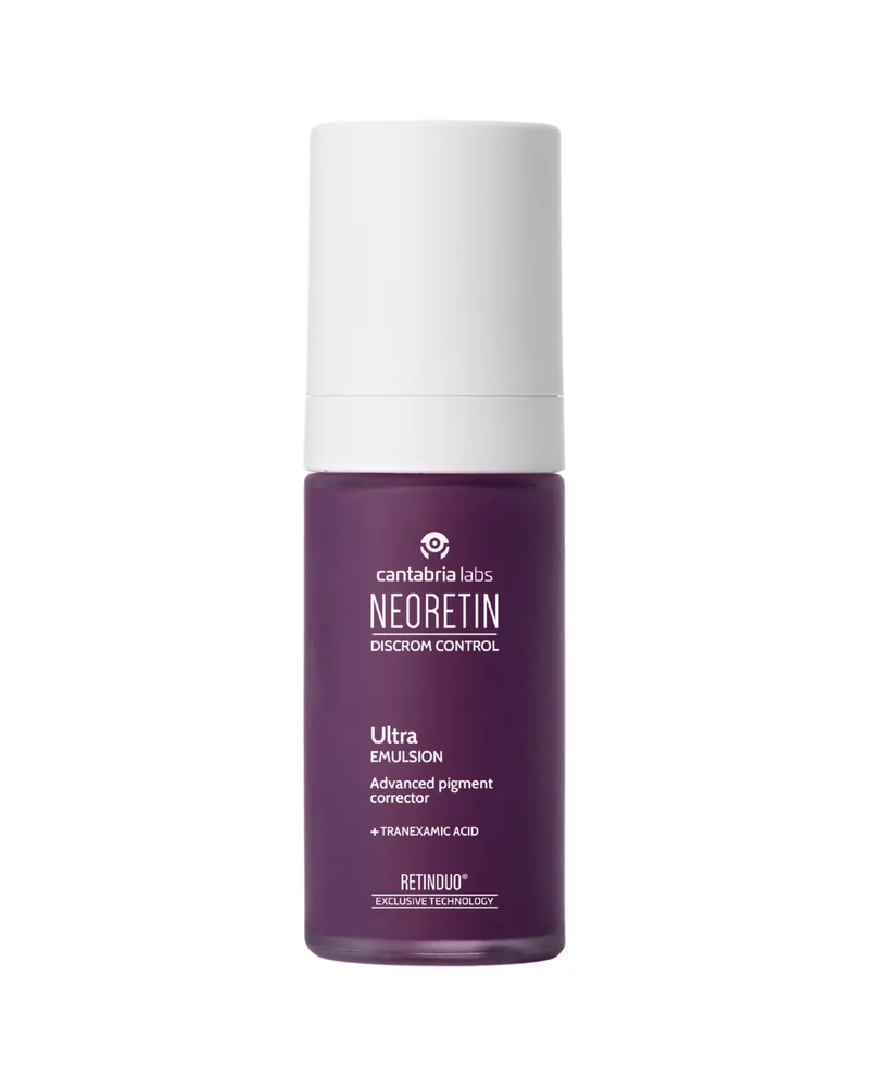 Envase de Neoretin Discrom Control Ultra Emulsion Advanced sobre fondo blanco