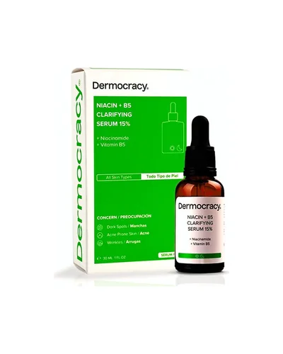 Frasco con cuentagotas de Niacin+B5 Clarifying Serum 15% junto a su caja sobre fondo blanco