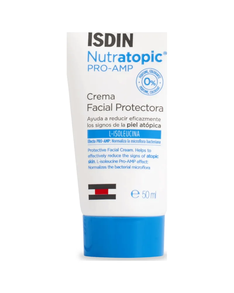 Envase de Nutratopic Pro-AMP Crema Facial sobre fondo blanco