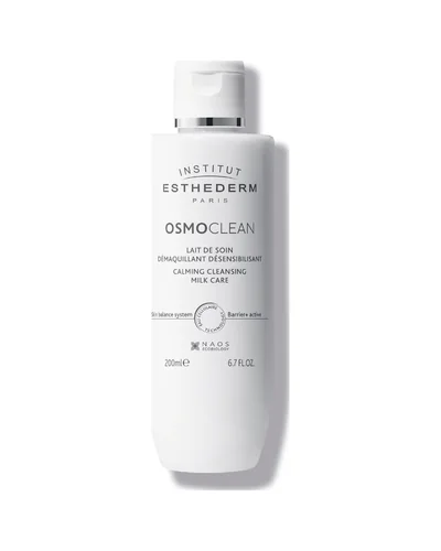 Envase de Osmoclean Leche Desmaquillante Desensibilizante sobre fondo blanco