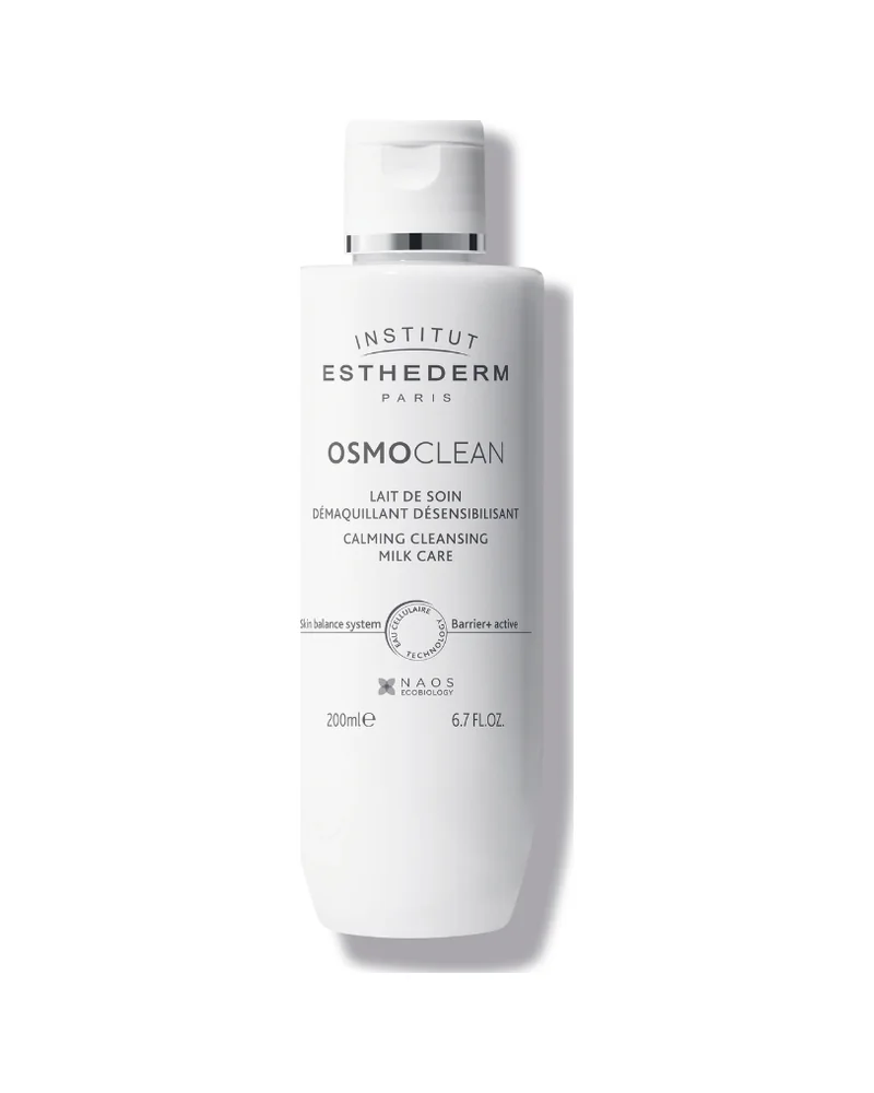 Envase de Osmoclean Leche Desmaquillante Desensibilizante sobre fondo blanco