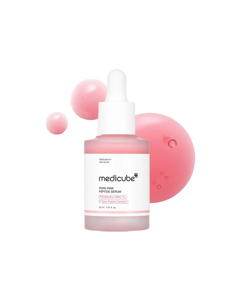 Frasco con cuentagotas de PDRN Pink Peptide Serum con burbujas rosas detrás