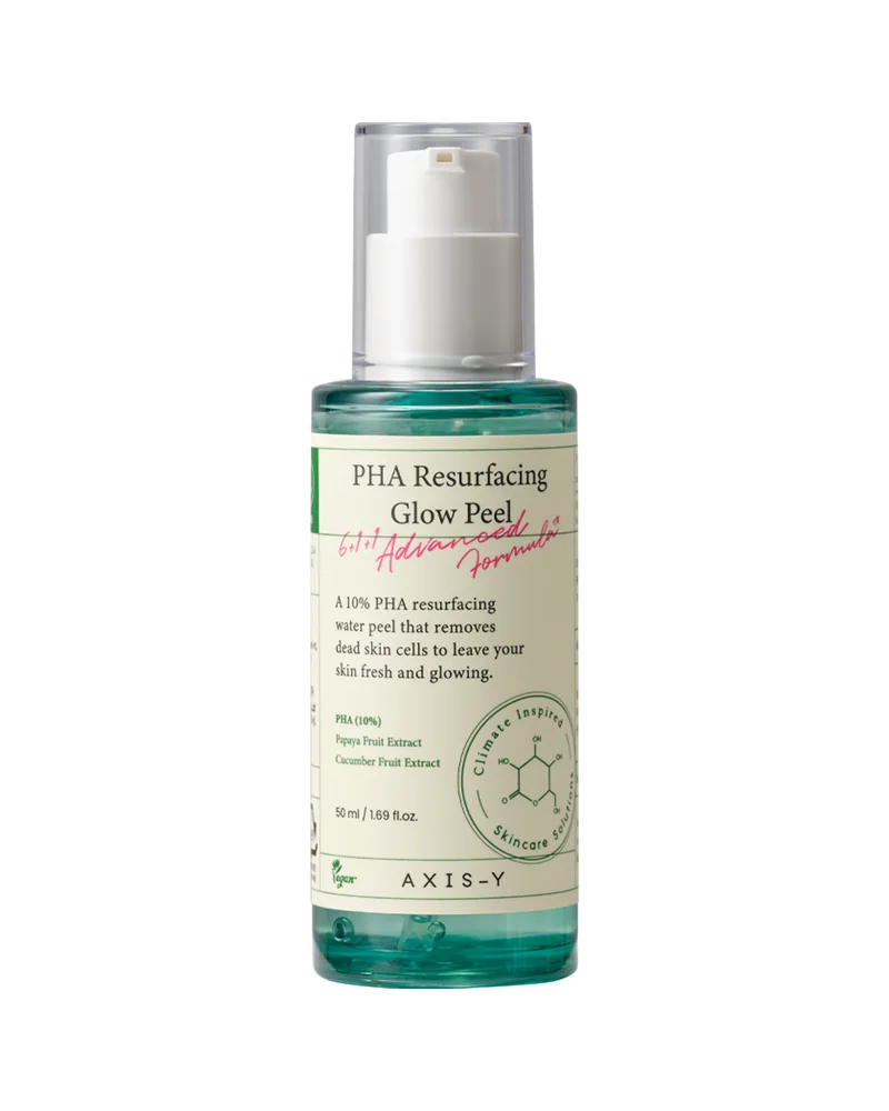 Frasco con dosificador de PHA Resurfacing Glow Peel sobre fondo blanco