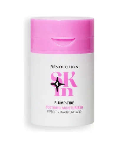 Tarro dosificador blanco y rosa de Plump-Tide sobre fondo blanco